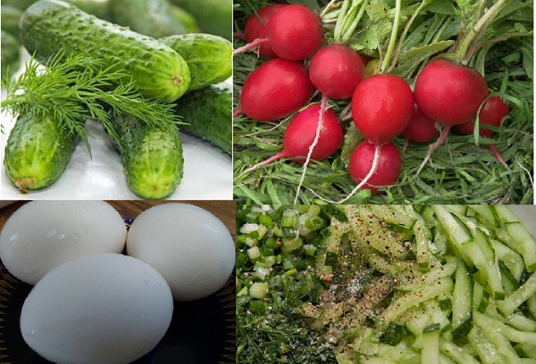 Редис, огурцы, зелень, яйца